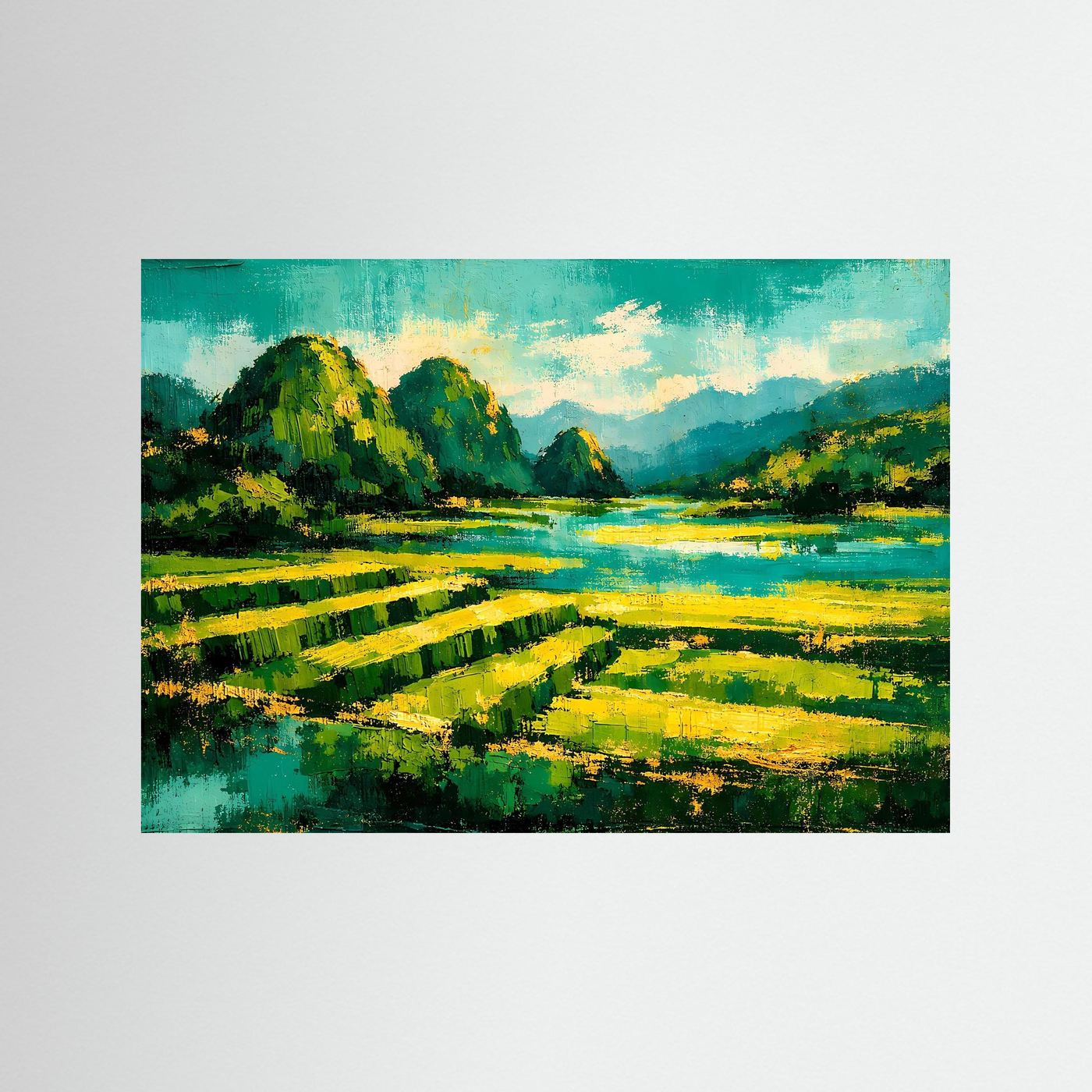 Textur-Naturposter im Querformat: smaragdgrüne Reisterrassen, Fluss und grüne Hügel.