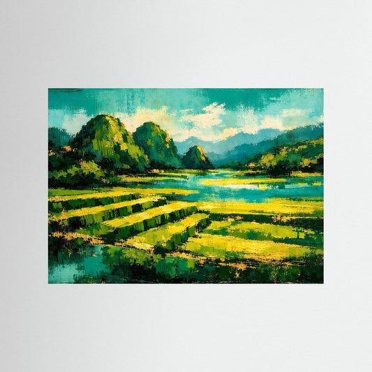 Textur-Naturposter im Querformat: smaragdgrüne Reisterrassen, Fluss und grüne Hügel.