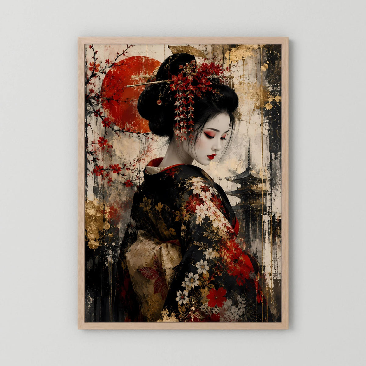 Poster mit hellem Holzrahmen: Frau im schwarzen Kimono mit roten Blüten und rotem Kreis.
