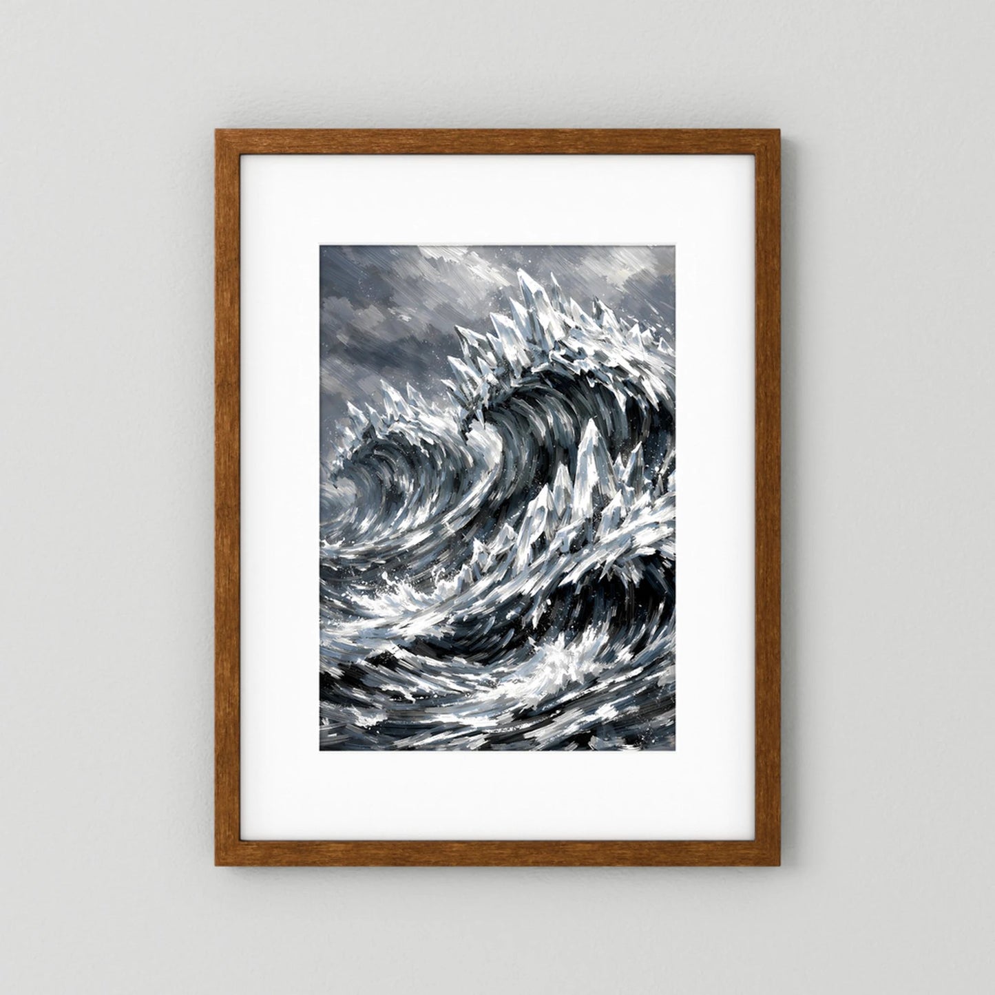 Hochformat-Poster mit dunklem Holzrahmen und abstrakter Welle in Schwarzweiß-Grau