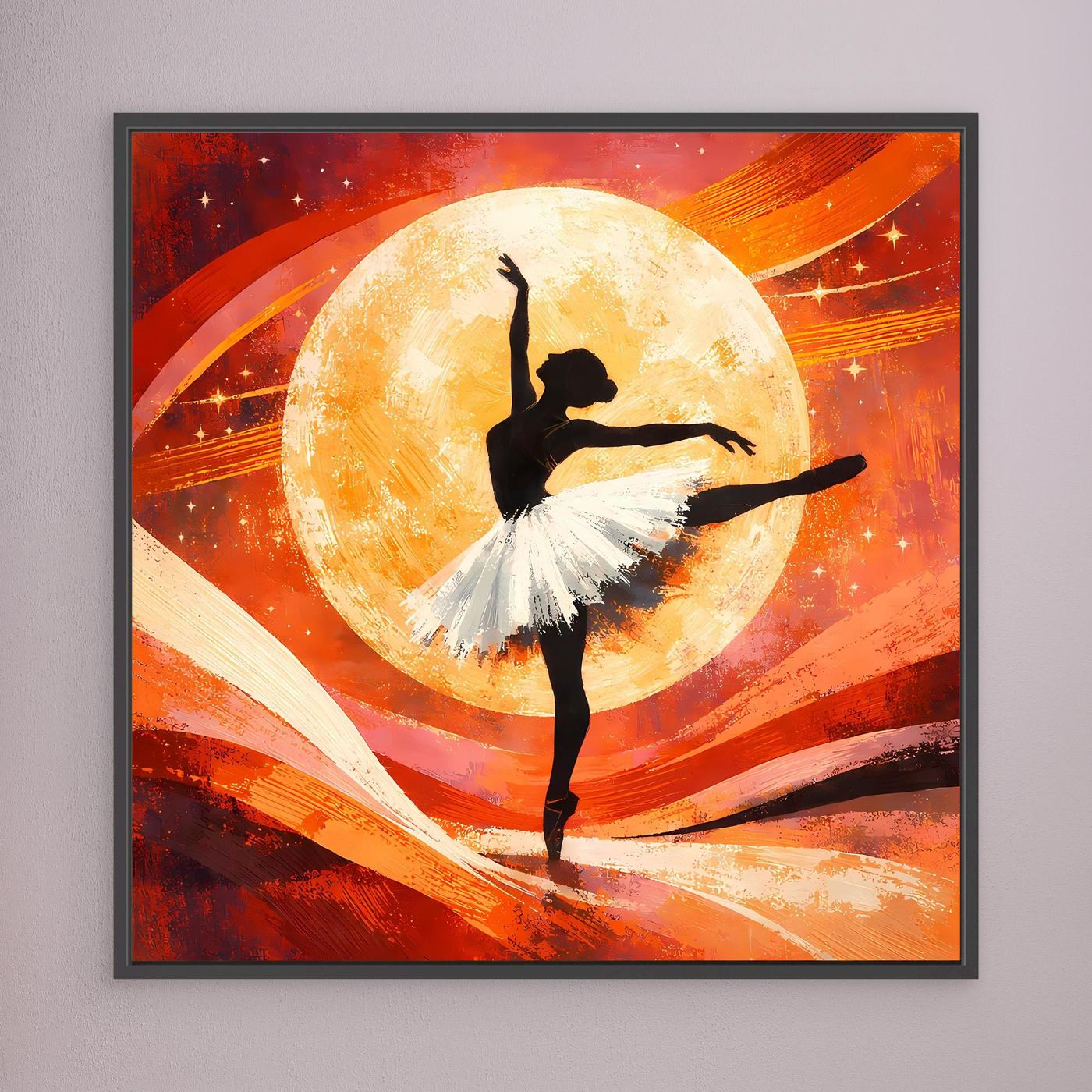 Leinwandbild mit schwarzem Rahmen: Ballerina-Silhouette auf Vollmond, abstrakte Rot-Orange Pinsel
