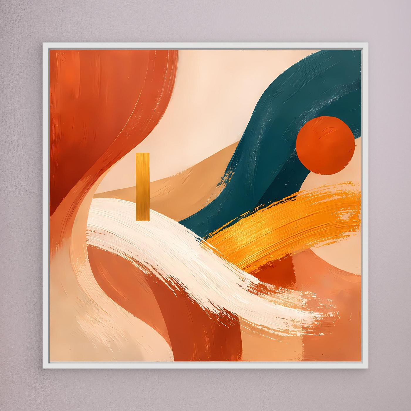Wandbild aus Leinwand mit abstrakten Farbbögen in Terracotta, Petrol und Orange, hellgrau gerahmt