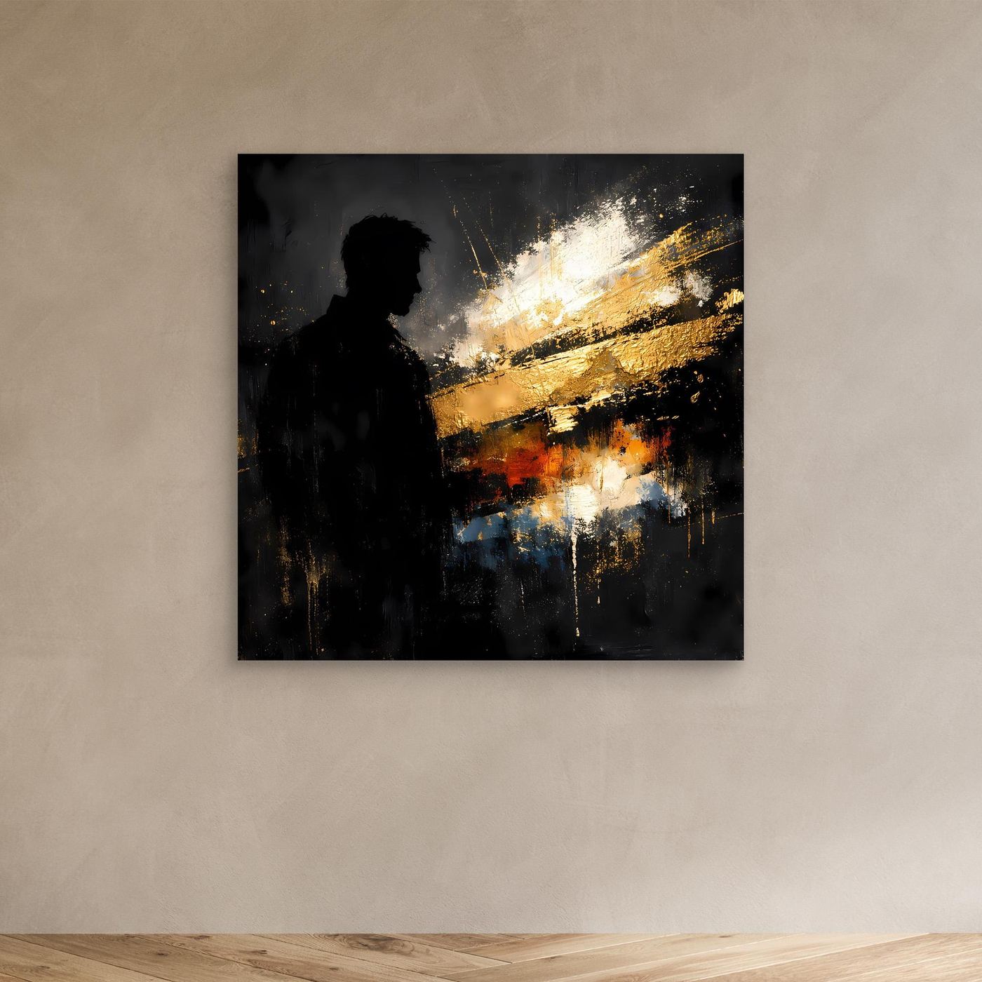 Leinwand Markante Silhouette in Gold und Schwarz | Modernes Abstraktes Männer Portrait Wandbild