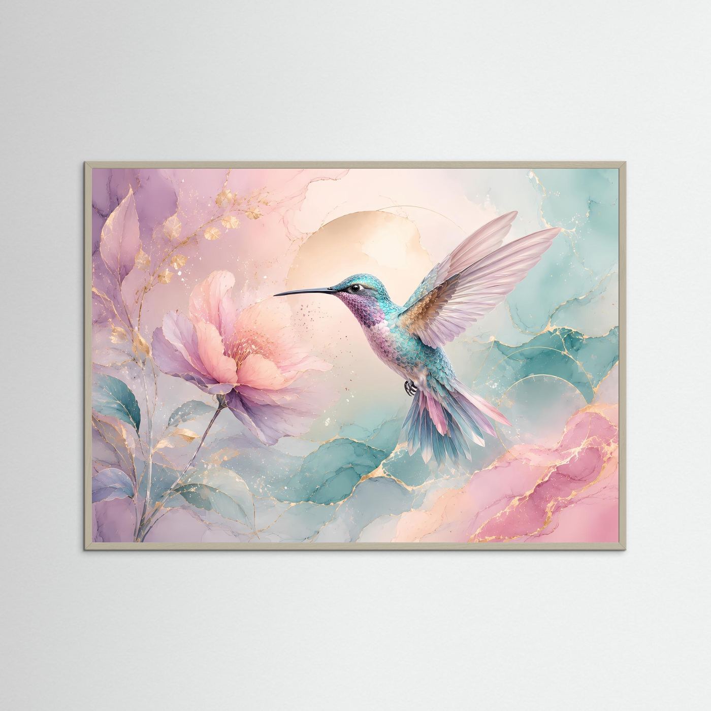 Kolibri Wandbild Pastell | Blüten Poster Rosa Türkis | Elegante Botanische Wandkunst | Moderne Leinwand mit Goldakzenten | Fine Art