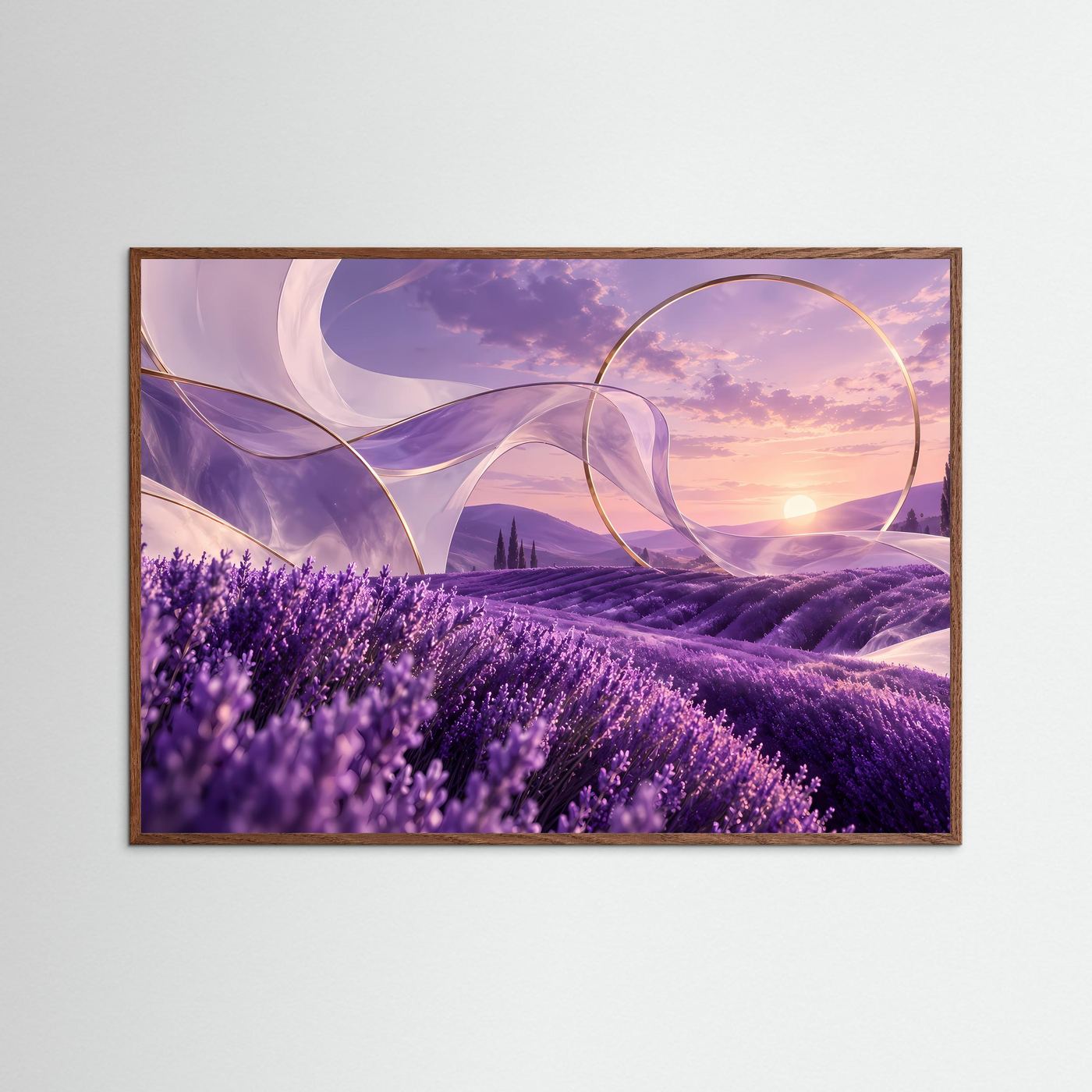 Lavendelfeld im Sonnenuntergang | Abstrakte Provence Wandkunst | Elegantes Landschaftsbild in Violett & Gold | Modernes Premium Poster | Leinwand