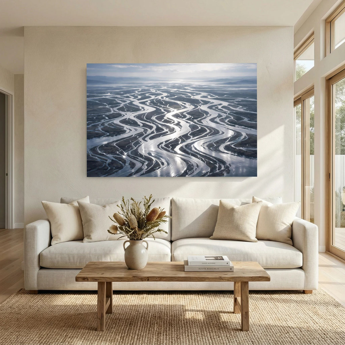 Wandbild im Querformat: Flussdelta-Muster aus Vogelperspektive in Blau und Grau