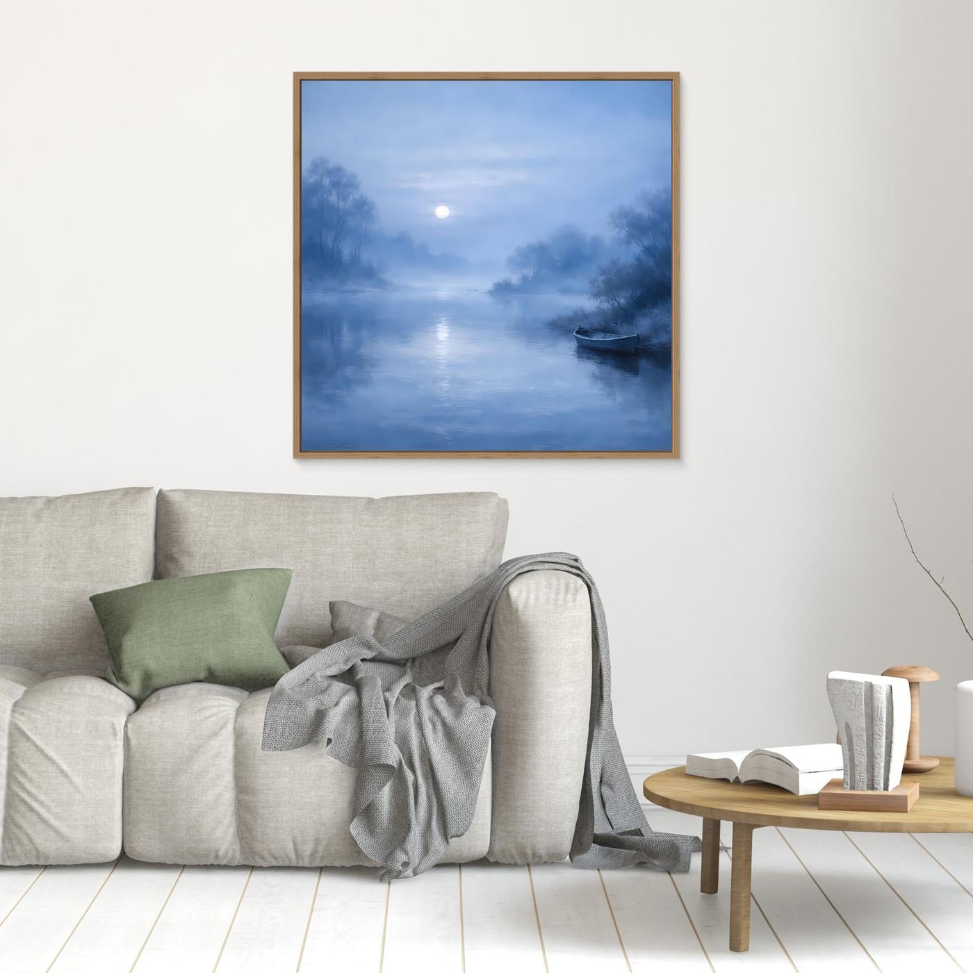 Quadratisches Leinwandbild in Blau mit Mond über dem Fluss und Boot, goldener Rahmen