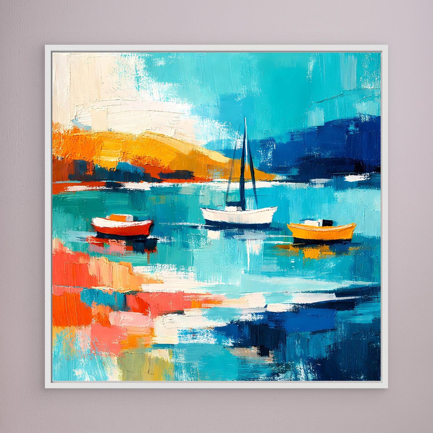 White-framed abstract sailboat wall art with teal water, orange boats, bold brushstrokes