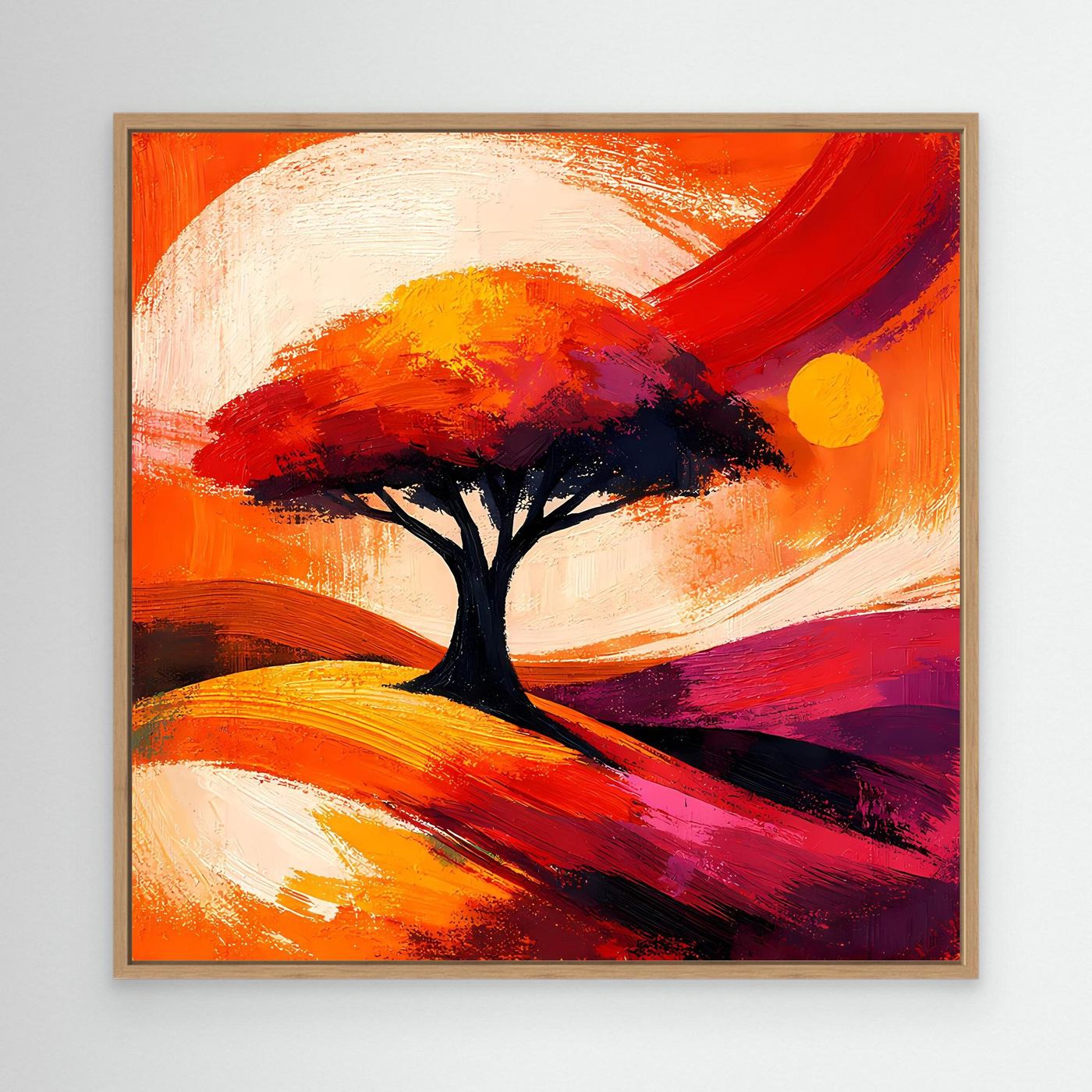 Leinwandbild mit abstrakter Baum-Silhouette in Orange/Rot, gelber Kreis, Holzrahmen