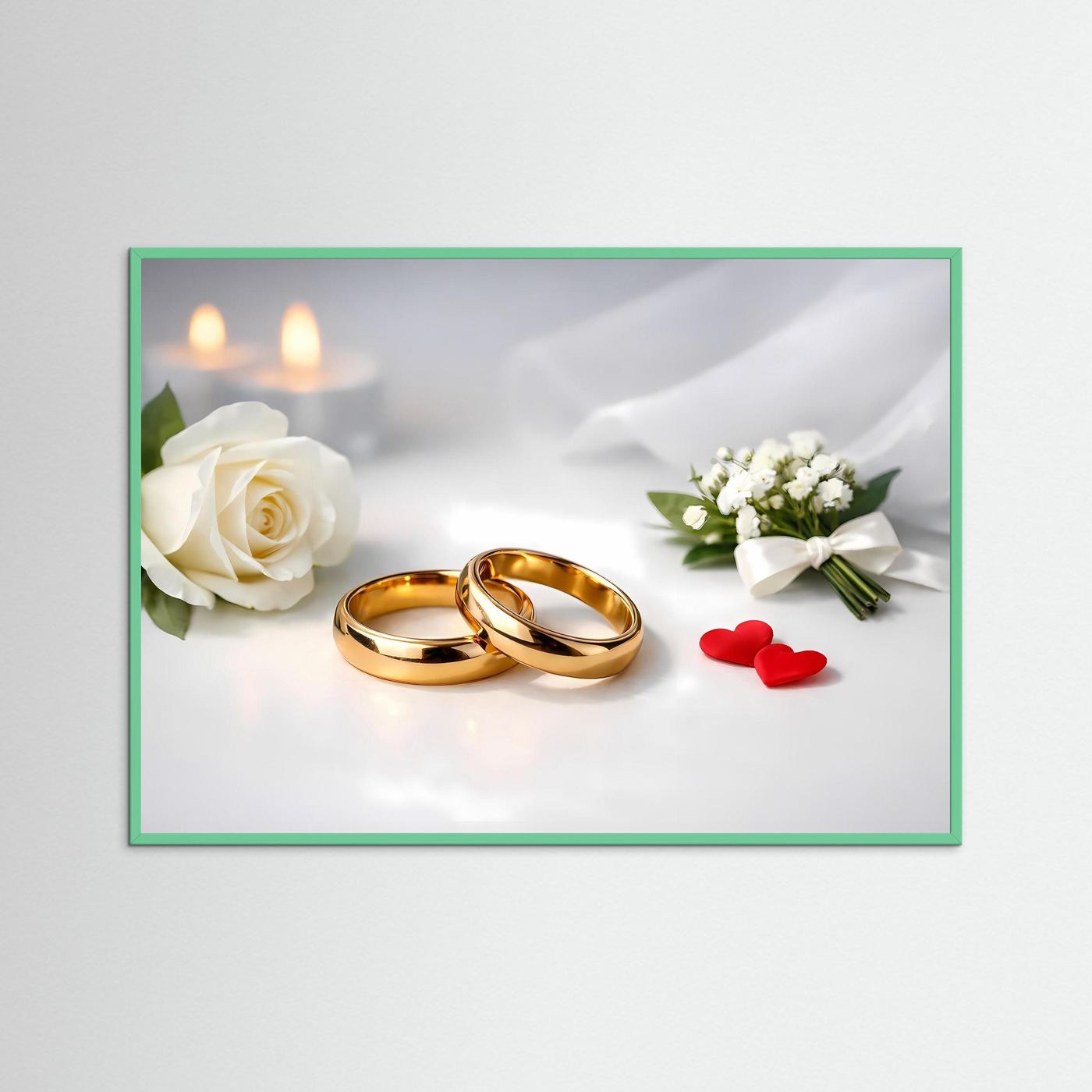 Hochzeits-Poster im grünen Rahmen mit goldenen Eheringen, weißer Rose und rotem Herzdekor