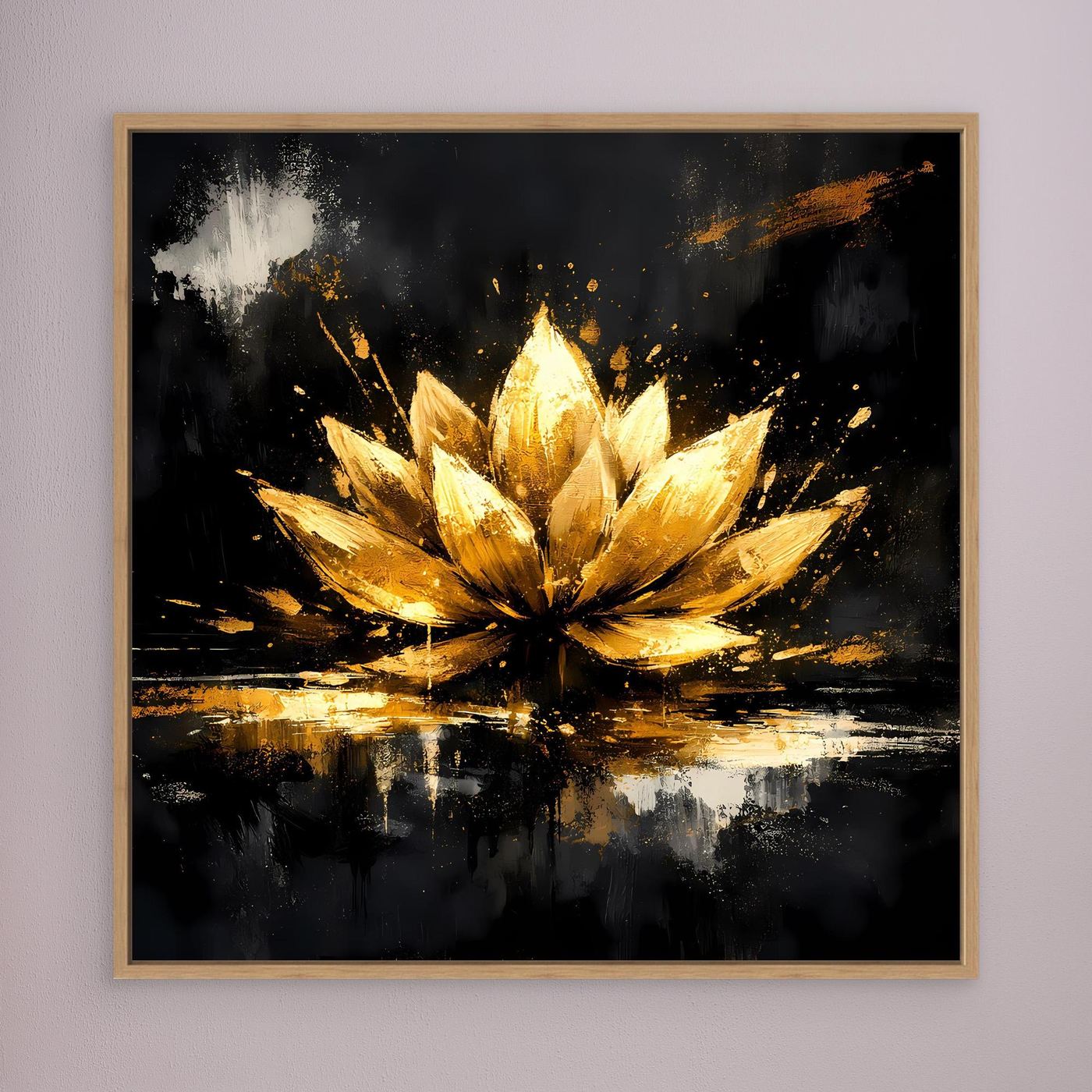 Leinwand Goldene Lotusblüte Abstrakt | Modernes Lotus Wandbild Schwarz Gold