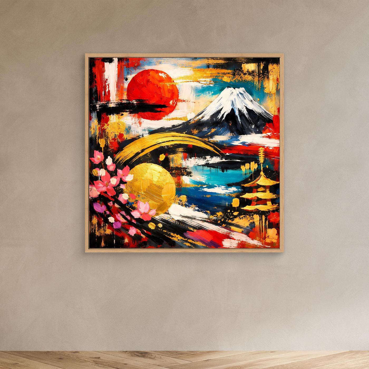 Gerahmtes Leinwandbild mit abstraktem Fuji, roter Sonne, Kirschenblüten und Teich