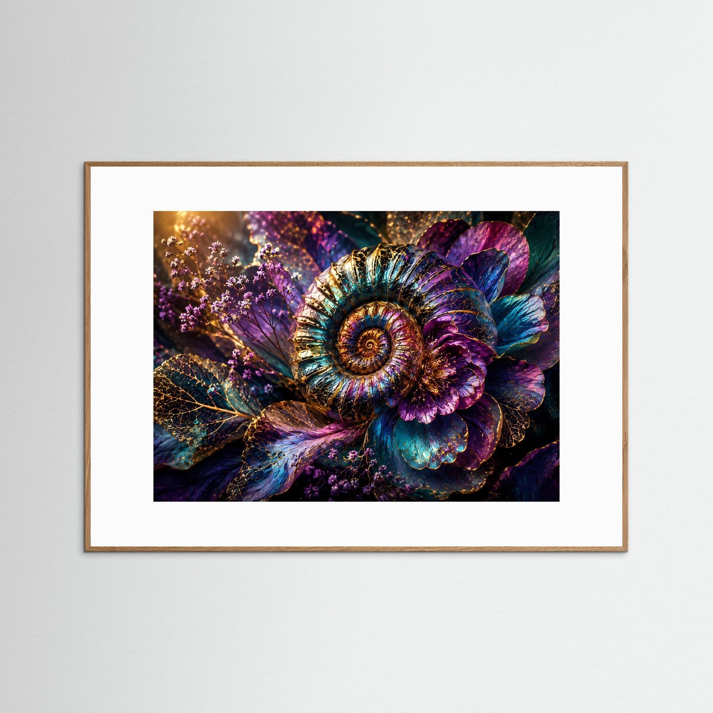 Ammonit Fossil mit Blüten | Luxuriöse botanische Wandkunst in Blau, Violett & Gold