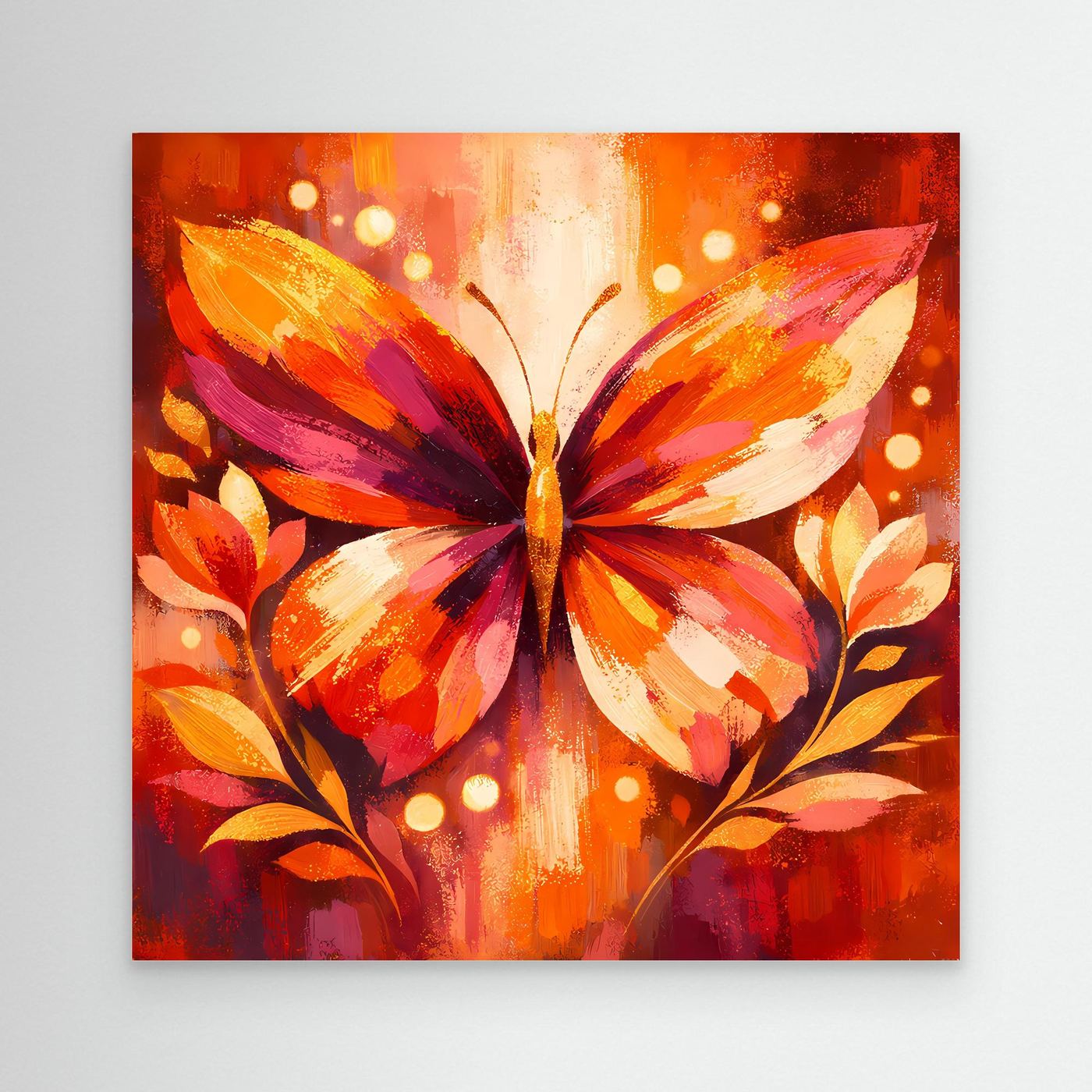 Leinwandbild mit leuchtendem Schmetterling in Orange und Pink, ohne Rahmen.