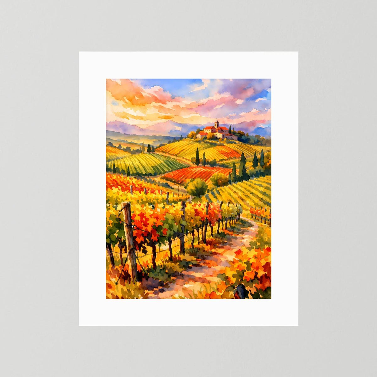 Hochformatiges Weinberg-Poster mit farbenfroher italienischer Landschaft, ohne Rahmen