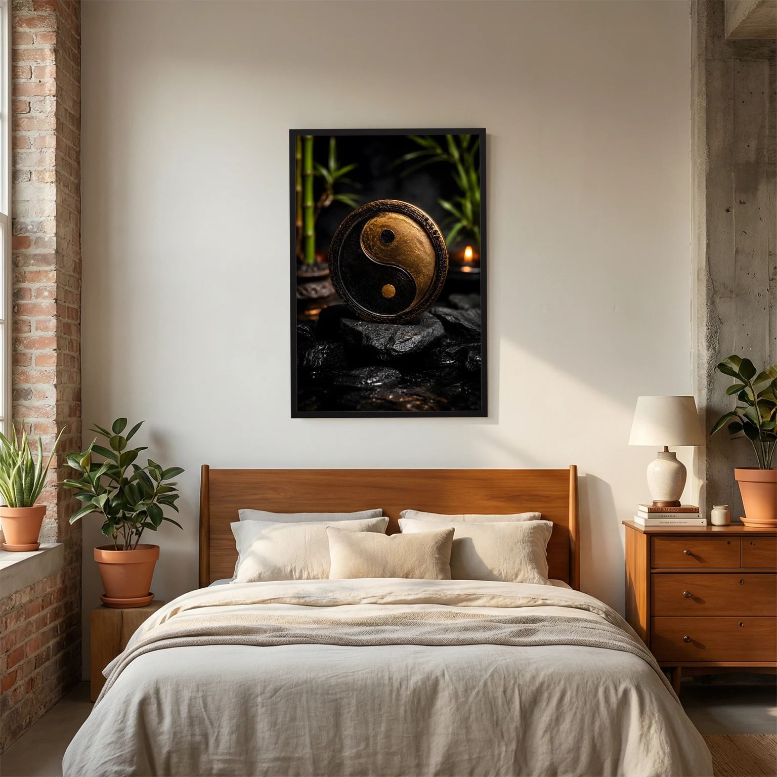 Yin-Yang-Wandbild im Hochformat mit schwarzem Rahmen, goldenes Yin-Yang auf schwarzen Steinen