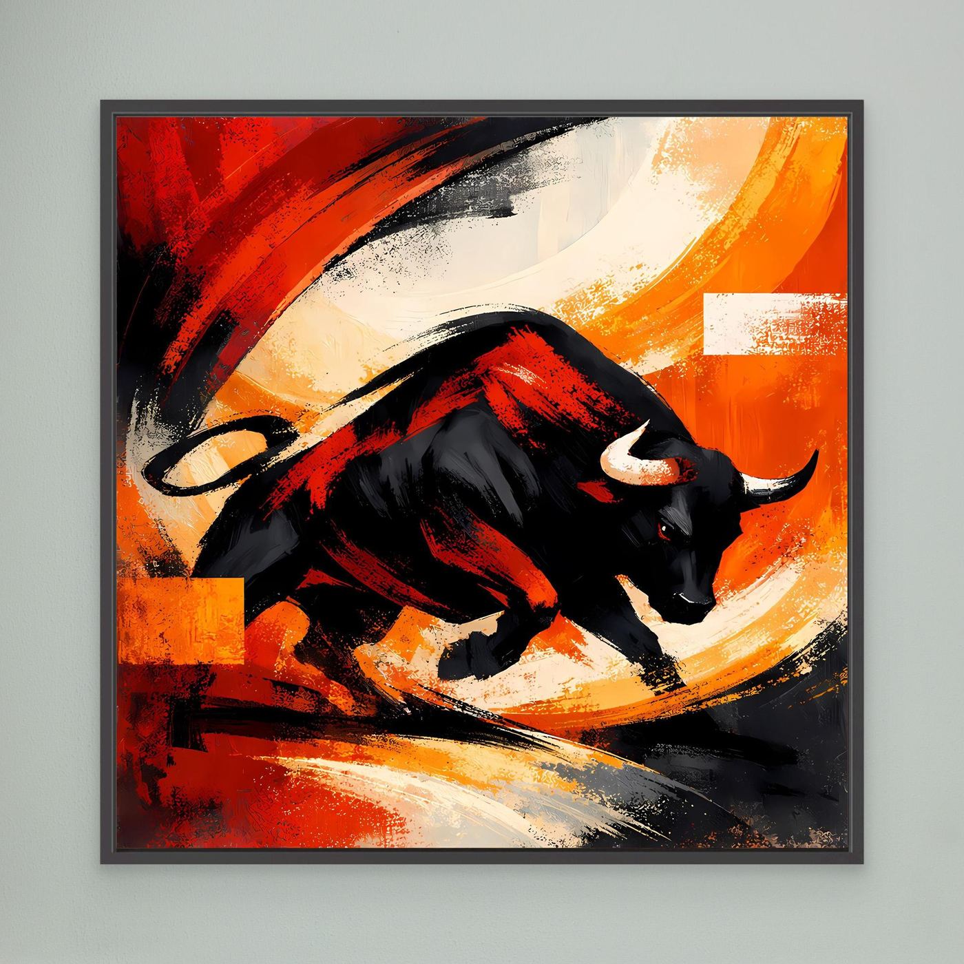 Leinwandbild mit schwarzem Stier in Rot-Orange-Abstrakt, mit schwarzem Rahmen