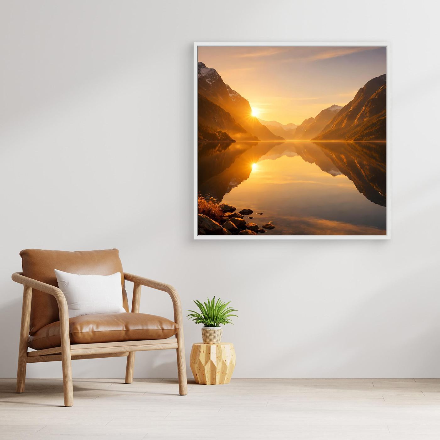 Leinwandbild Goldener Fjord mit Sonnenaufgang über spiegelndem See und Bergen im weißen Rahmen