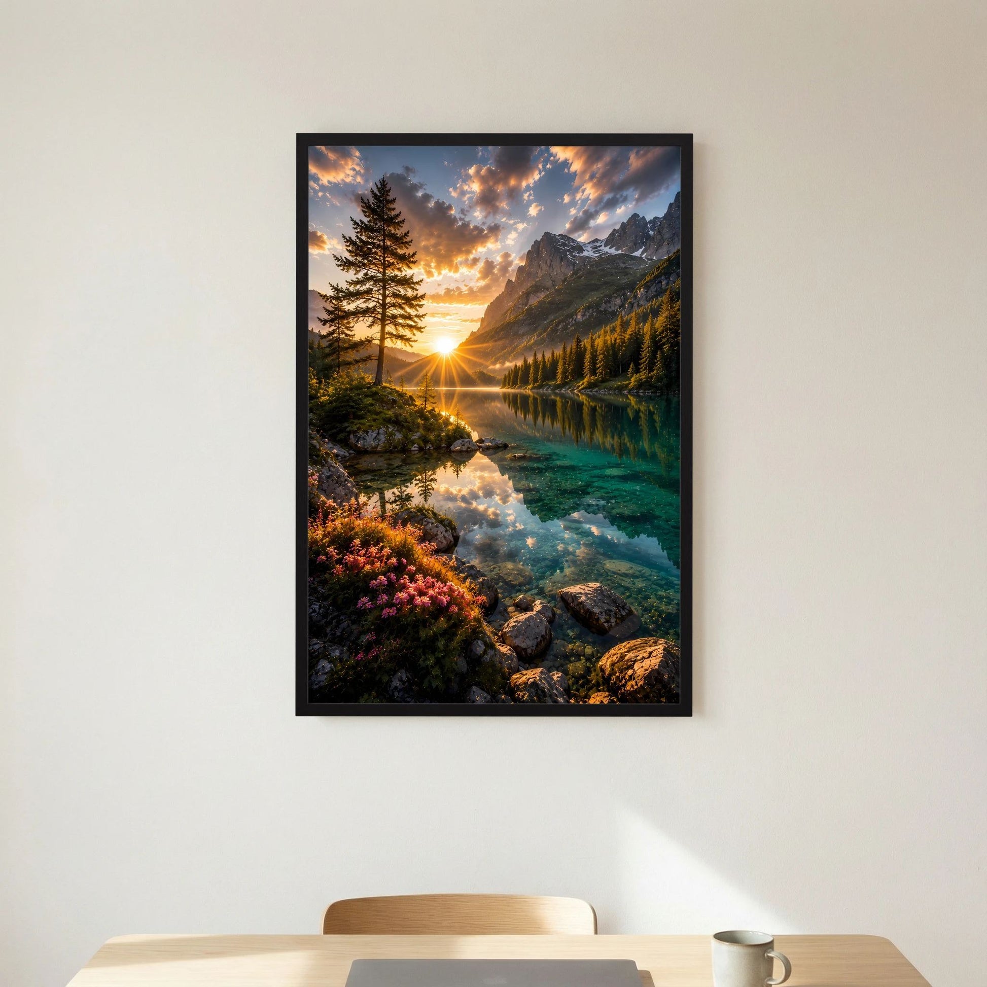 Bergsee im Sonnenuntergang | Alpenlandschaft mit Spiegelung | Poster Hochformat