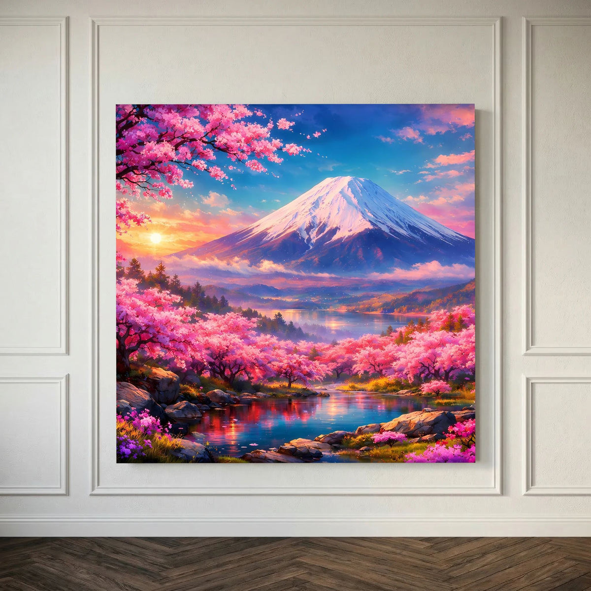 Leinwandbild auf Holzkeilrahmen mit Fuji, pinken Kirschblüten und spiegelndem Fluss bei Sonnenuntergang
