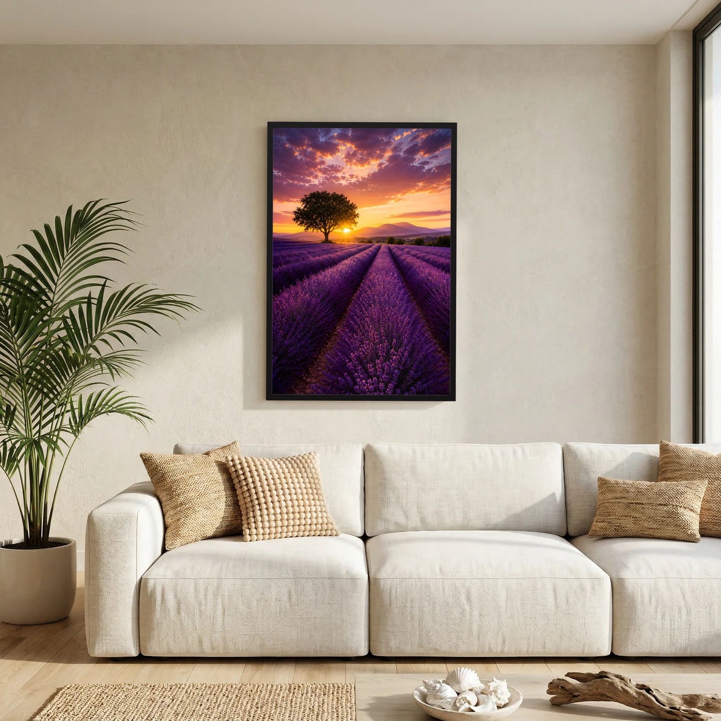 Lavendelfeld-Naturposter im Hochformat mit Sonnenuntergang, gerahmt und an der Wand