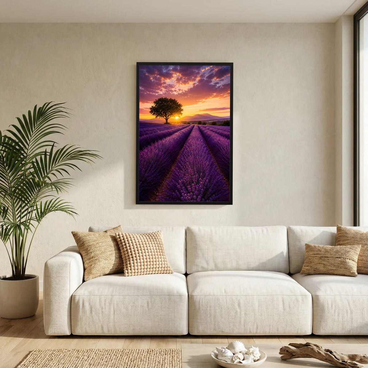 Lavendelfeld-Naturposter im Hochformat mit Sonnenuntergang, gerahmt und an der Wand