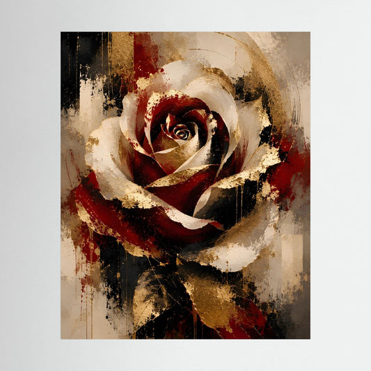 Abstraktes Rosenposter mit Rot-, Gold- und Schwarztönen im Hochformat