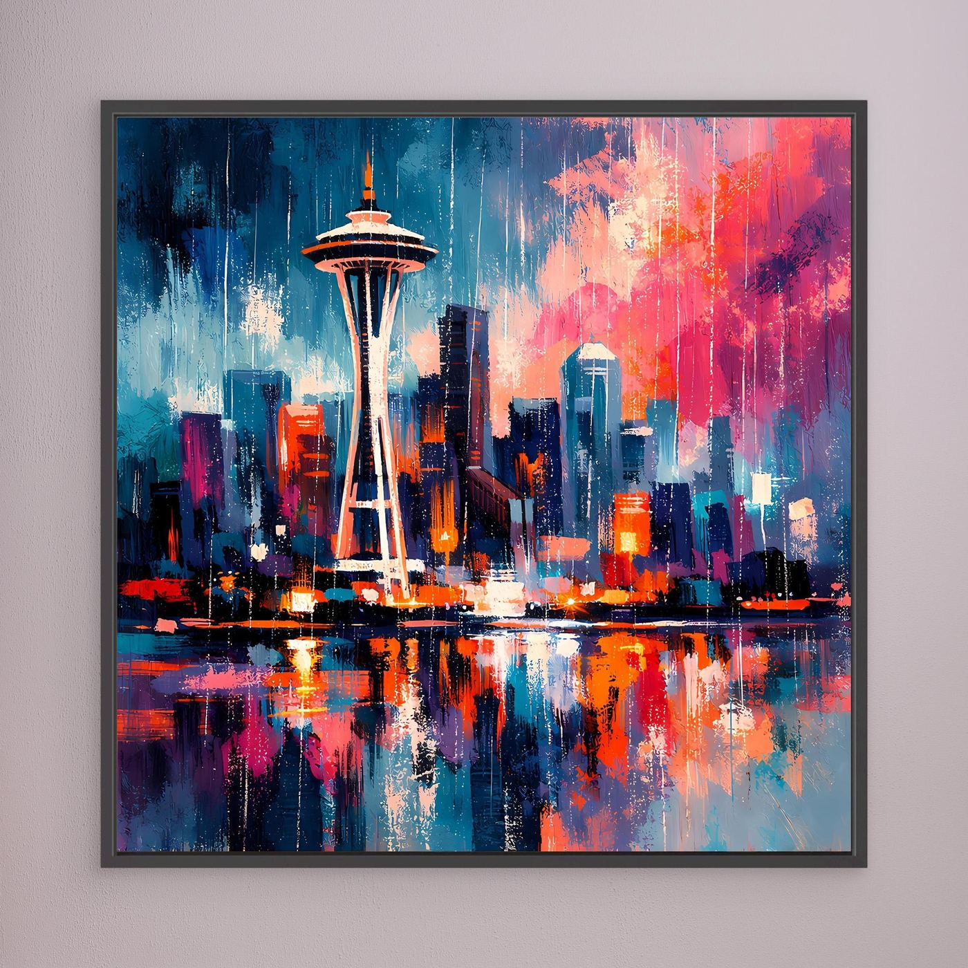 Wandbild mit abstrakter Skyline und Space Needle, schwarzer Rahmen, reflektierender Fluss