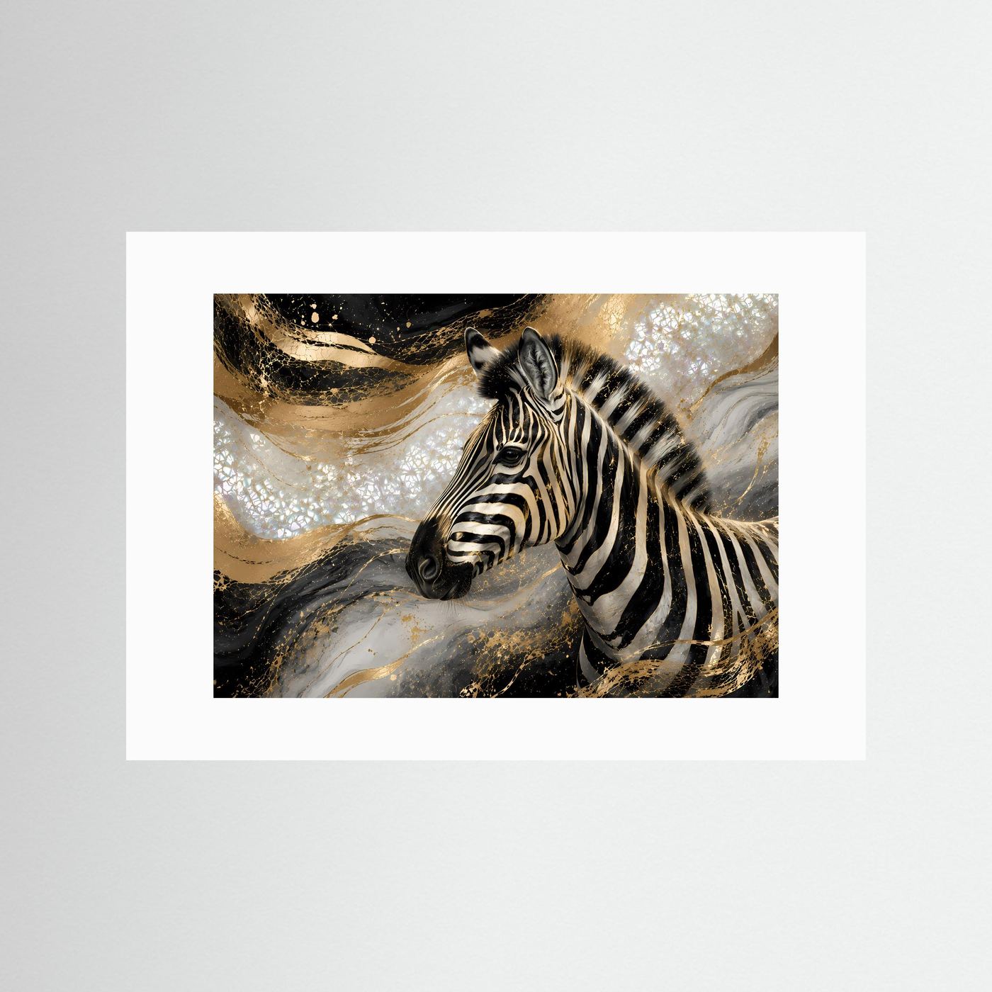 Querformat-Poster mit Zebra-Motiv in Schwarz, Weiß und Gold mit weißem Passepartout