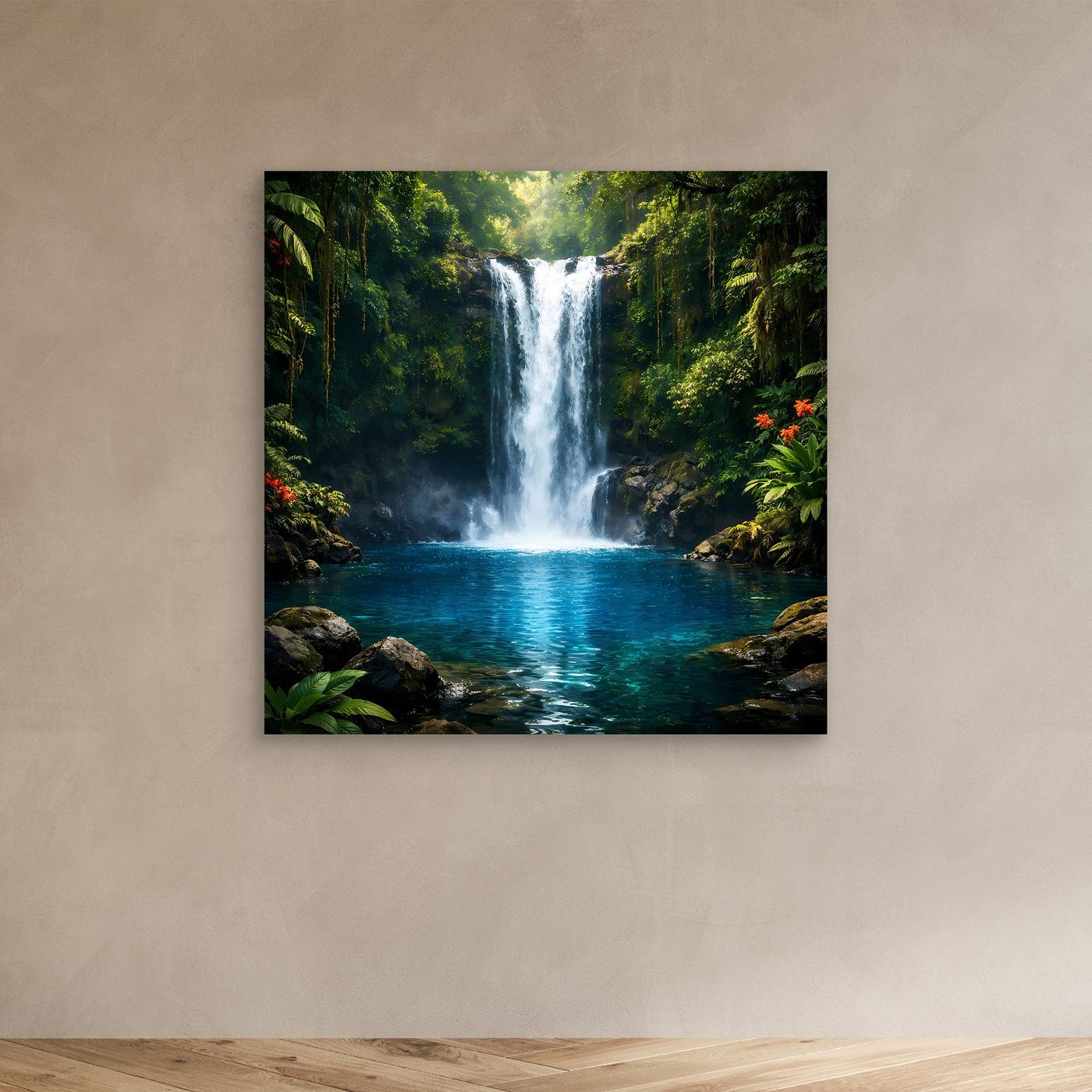 Leinwandbild mit Dschungel-Wasserfall und türkisblauem Becken, schmaler dunkler Rand