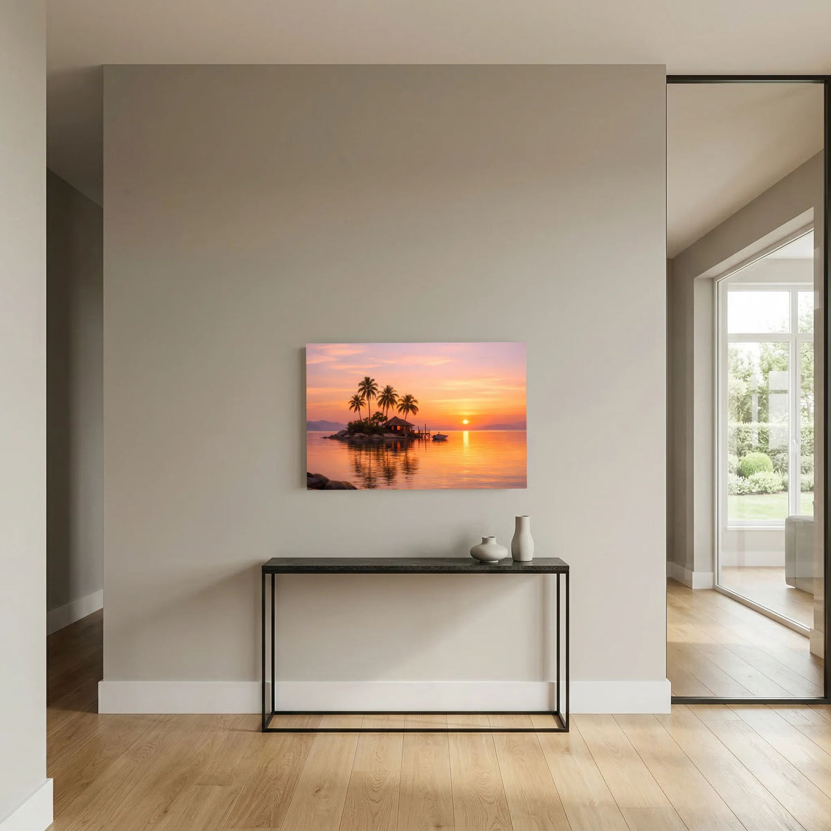Wandbild im Querformat: tropische Insel mit Palmen und Steg im Abendlicht