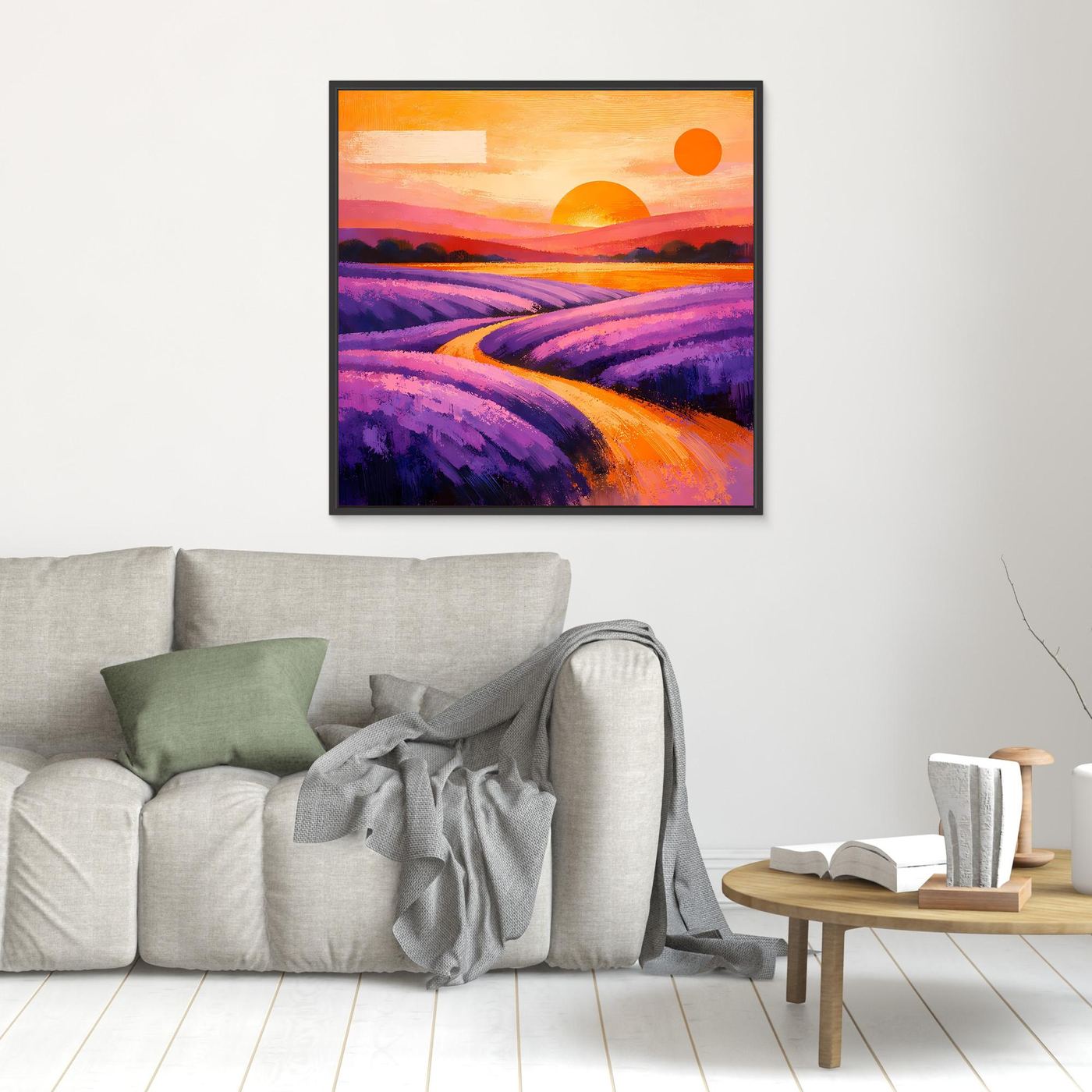 Leinwandbild mit Lavendelfeld-Illustration, klein; schwarz gerahmt, Sonnenmotiv und Wege