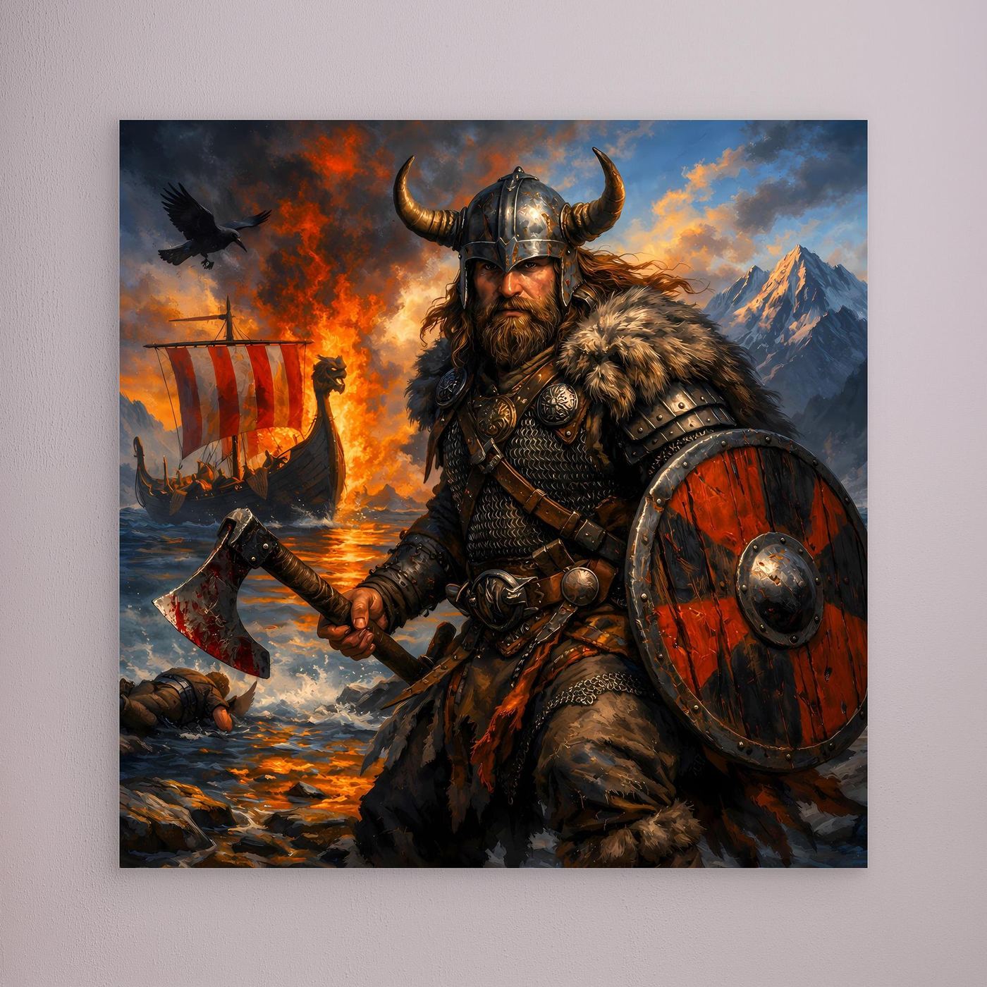 Leinwand Epischer Wikinger-Krieger an der Küste | Modernes Nordisches Wandbild