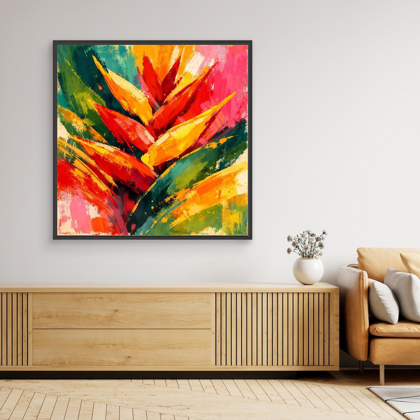 Leinwand Abstrakte Helikonie Blüte | Modernes Tropen Wandbild Bunt Exotisch