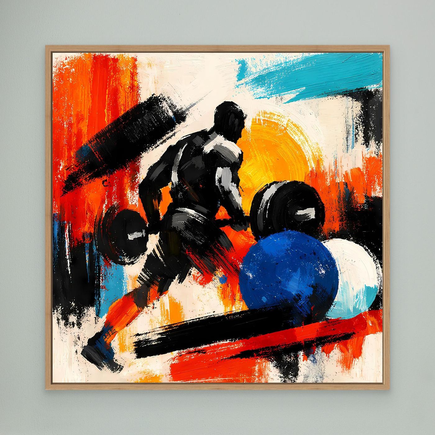 Abstract fitness canvas wall art with weightlifter lifting barbell, oak frame