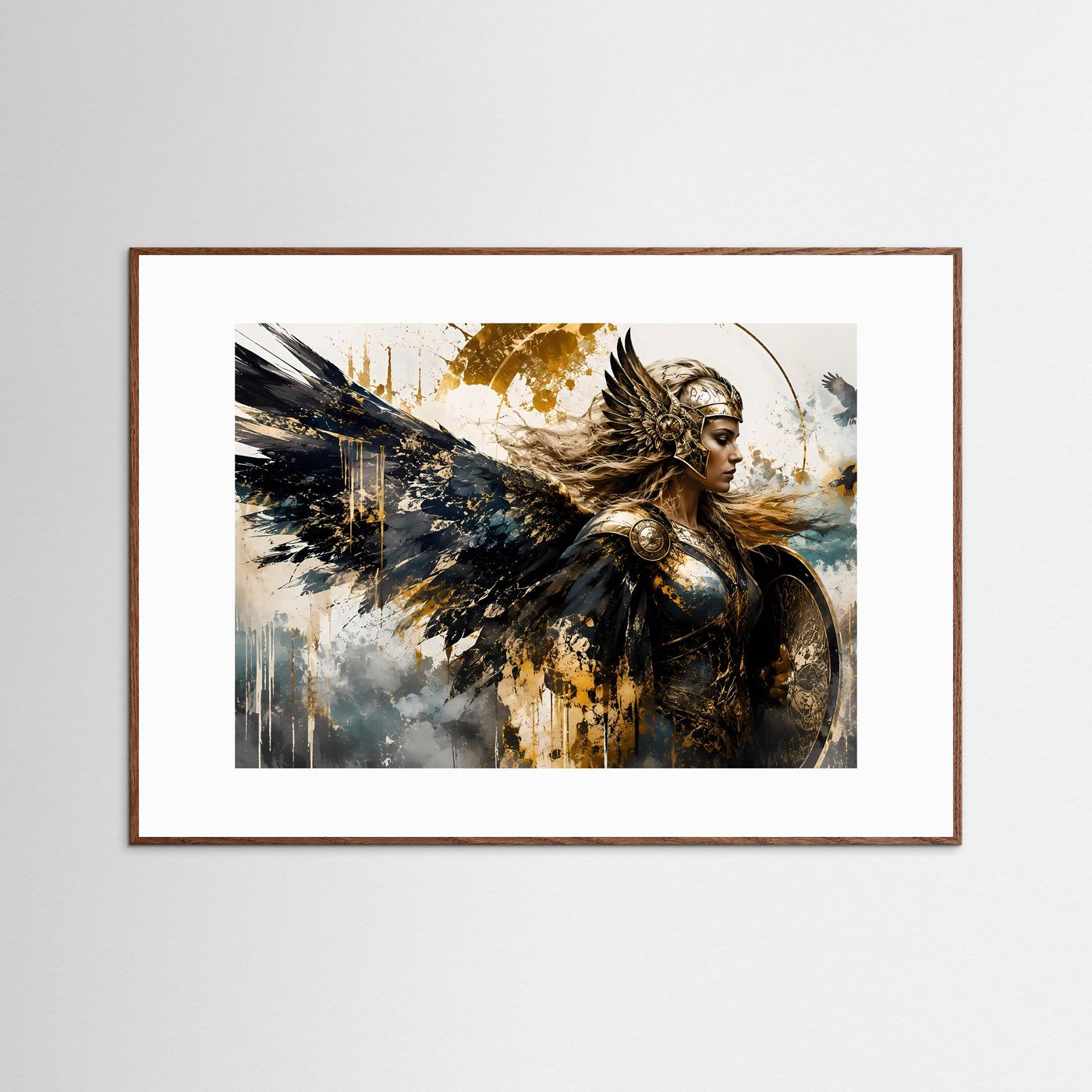 Walküre mit Engelsflügeln in Gold & Schwarz | Episches Mythologie Wandbild & Kunst-Poster