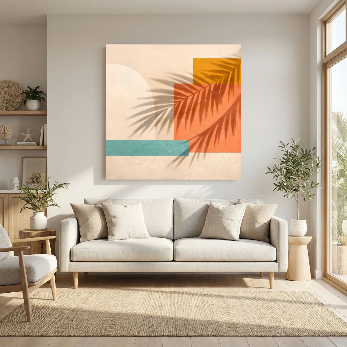 Leinwand Abstrakte Geometrie mit Palmenschatten | Modernes Boho Wandbild Terracotta