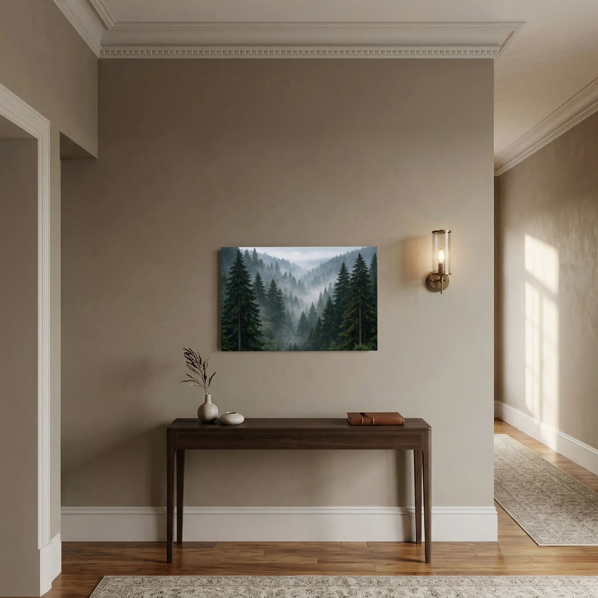 Wandbild Querformat mit Nebelwald und Tannen, gerahmtlos