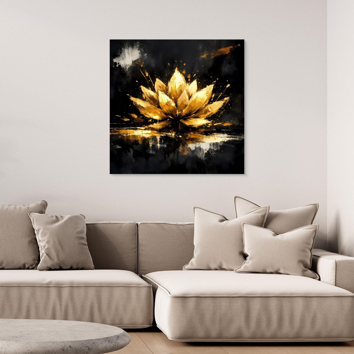 Leinwand Goldene Lotusblüte Abstrakt | Modernes Lotus Wandbild Schwarz Gold