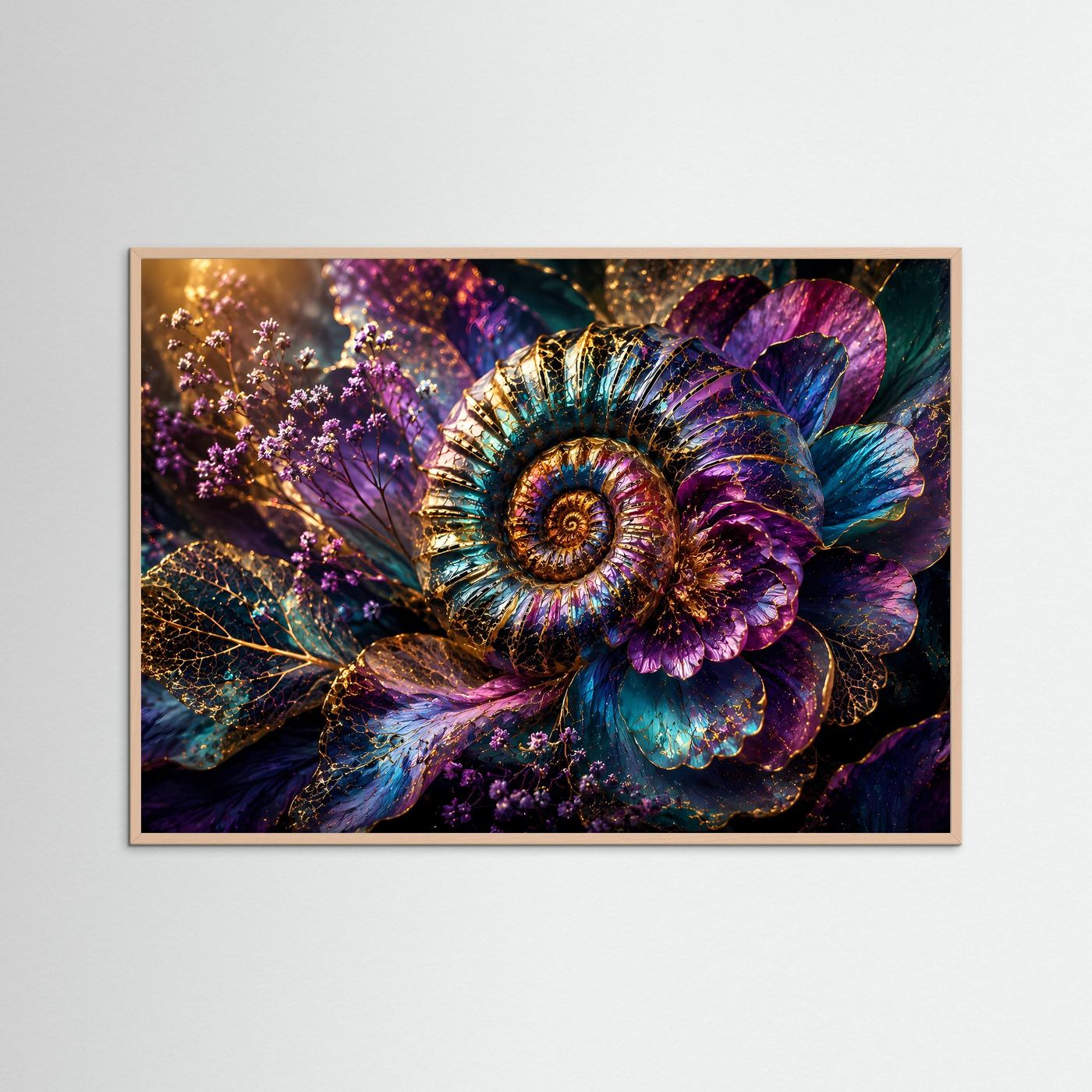 Ammonit Fossil mit Blüten | Luxuriöse botanische Wandkunst in Blau, Violett & Gold