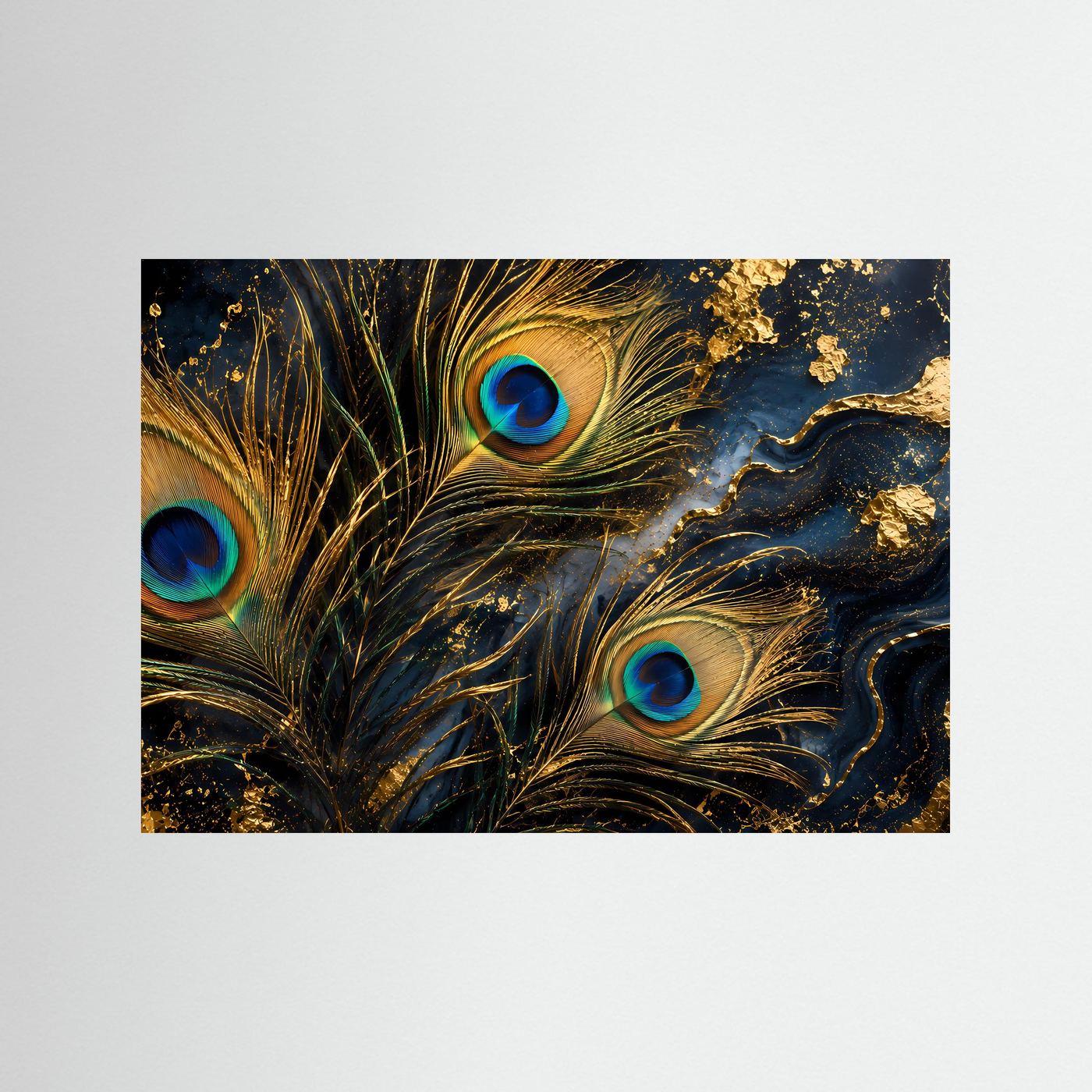 Leinwand-Wandbild mit Pfauenfeder-Motiv in Blau, Gold und dunklem Grund