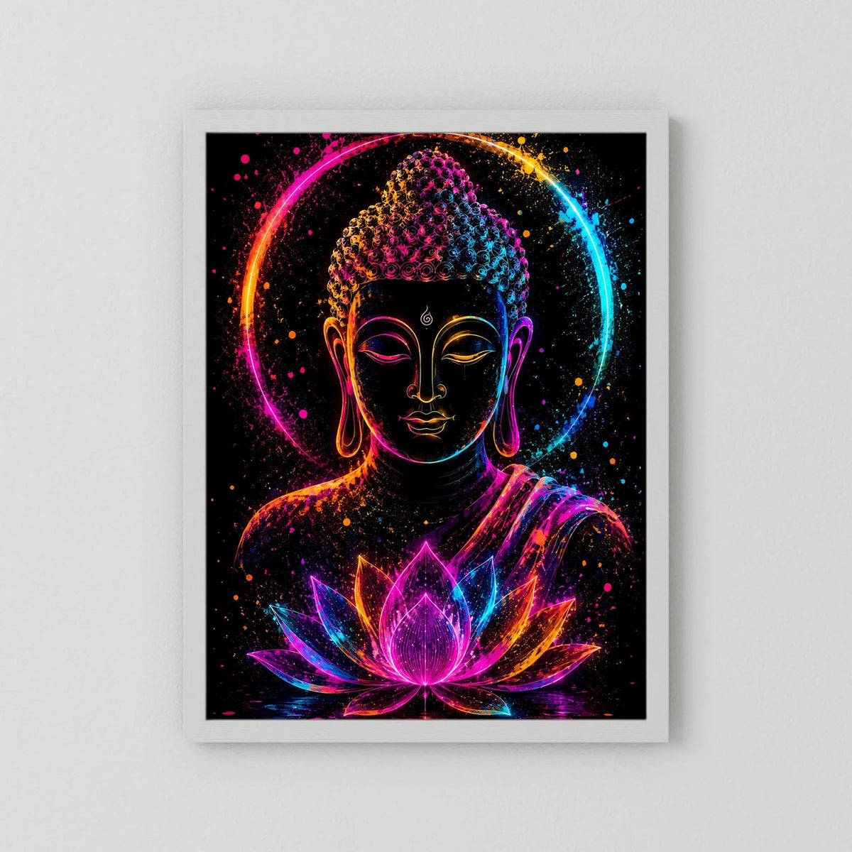 Leuchtendes Buddha-Neonposter mit Lotussymbol, weiß gerahmt ohne schwarzen Rahmen