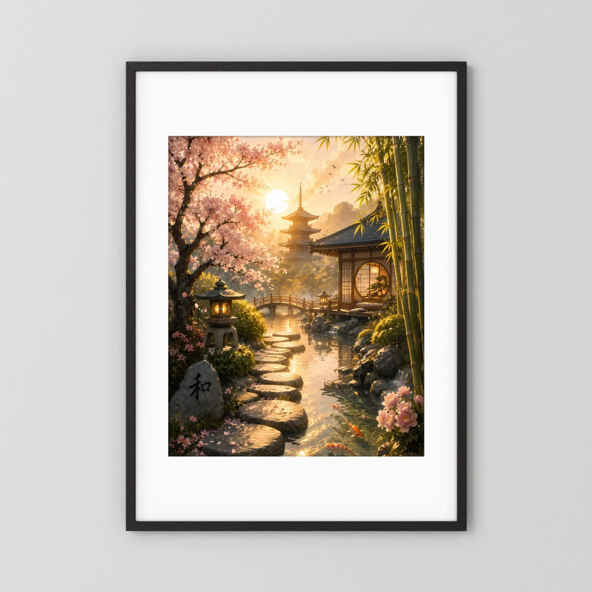 Hochformat-Poster Zen-Garten mit Kirschblüten und Bambus, schwarzer Rahmen mit weißem Passepartout