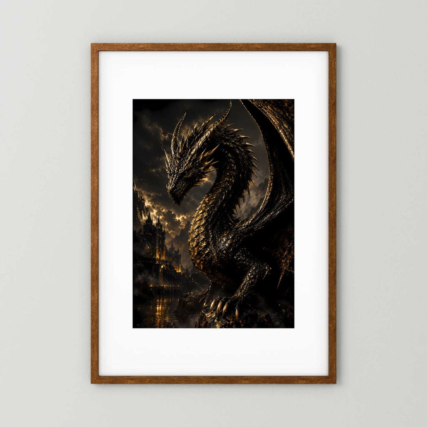 Drachenposter Hochformat: schwarzer Drache mit goldenen Schwingen vor dunkler Stadt