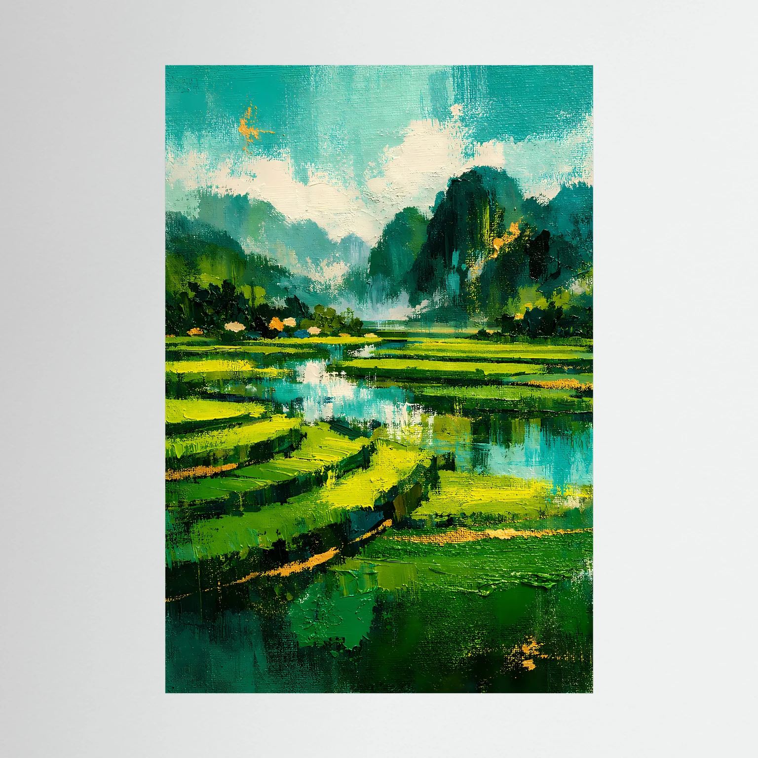 Grünes Landschafts-Poster mit Fluss und Wiesen im Hochformat, ohne Rahmen