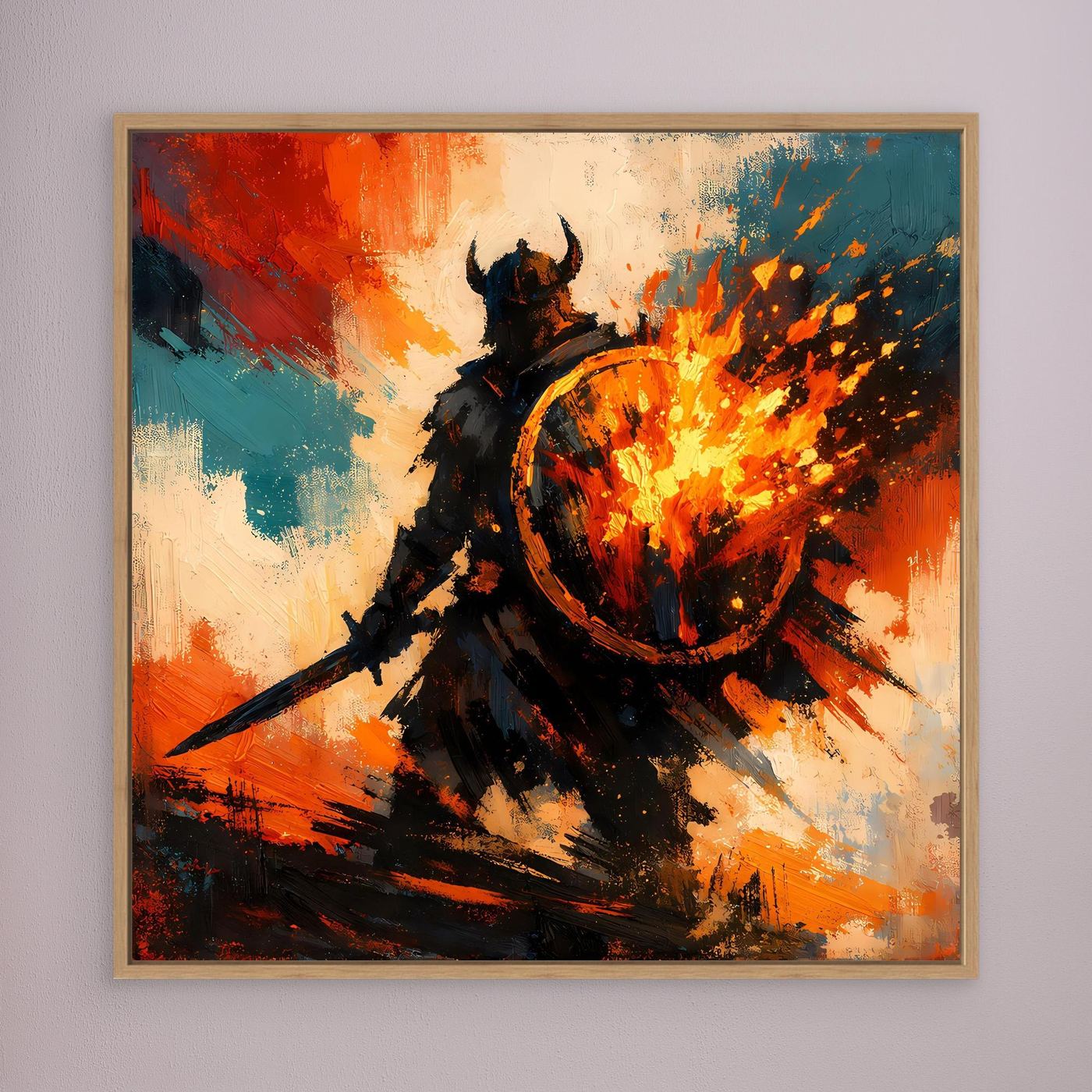 Wandbild auf Leinwand im Holzrahmen: Wikingerkrieger mit brennendem Schild in Rot/Orange.