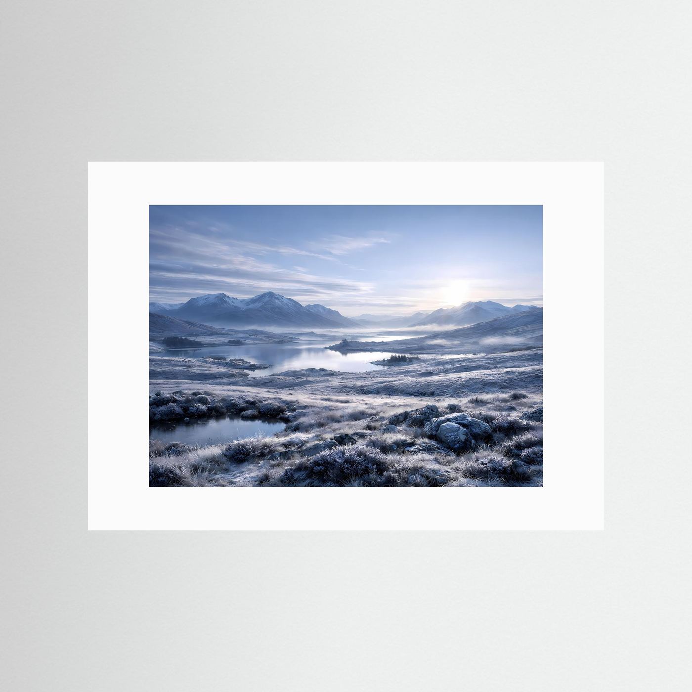 Winterlandschafts-Poster im weißen Passepartout, verschneite Berge und See, Querformat