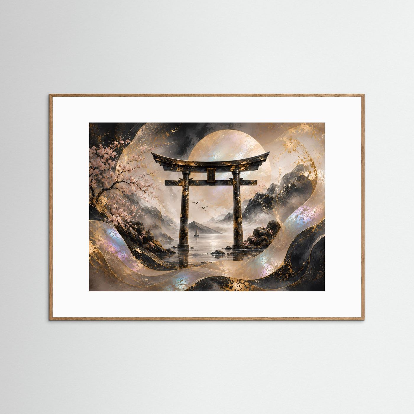 Poster mit japanischem Torii über Wasser, Gold- und Perlmutt-Design, brauner Holzrahmen