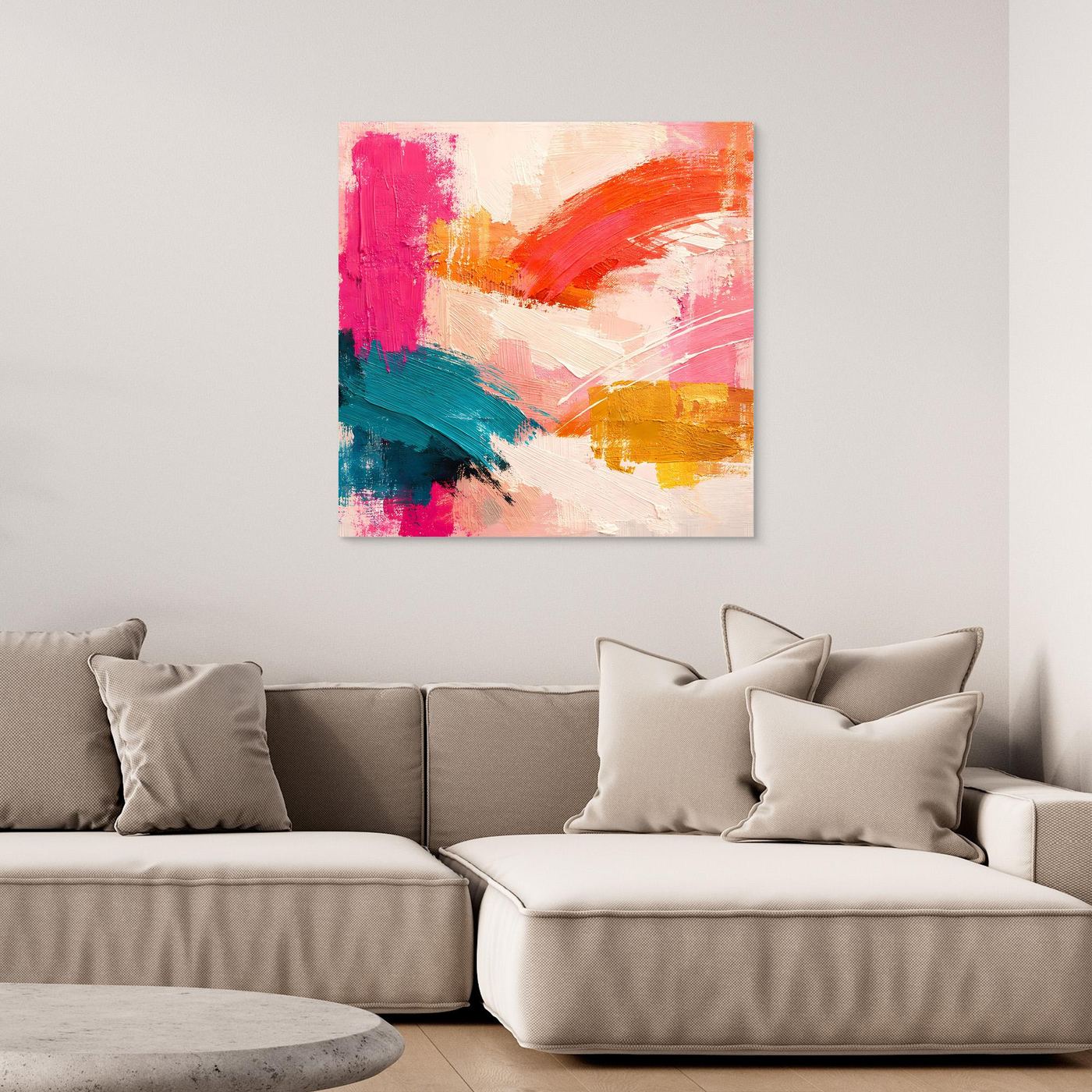Abstraktes Leinwand-Wandbild mit pastellfarbenen Pinselstrichen in Pink, Orange und Teal