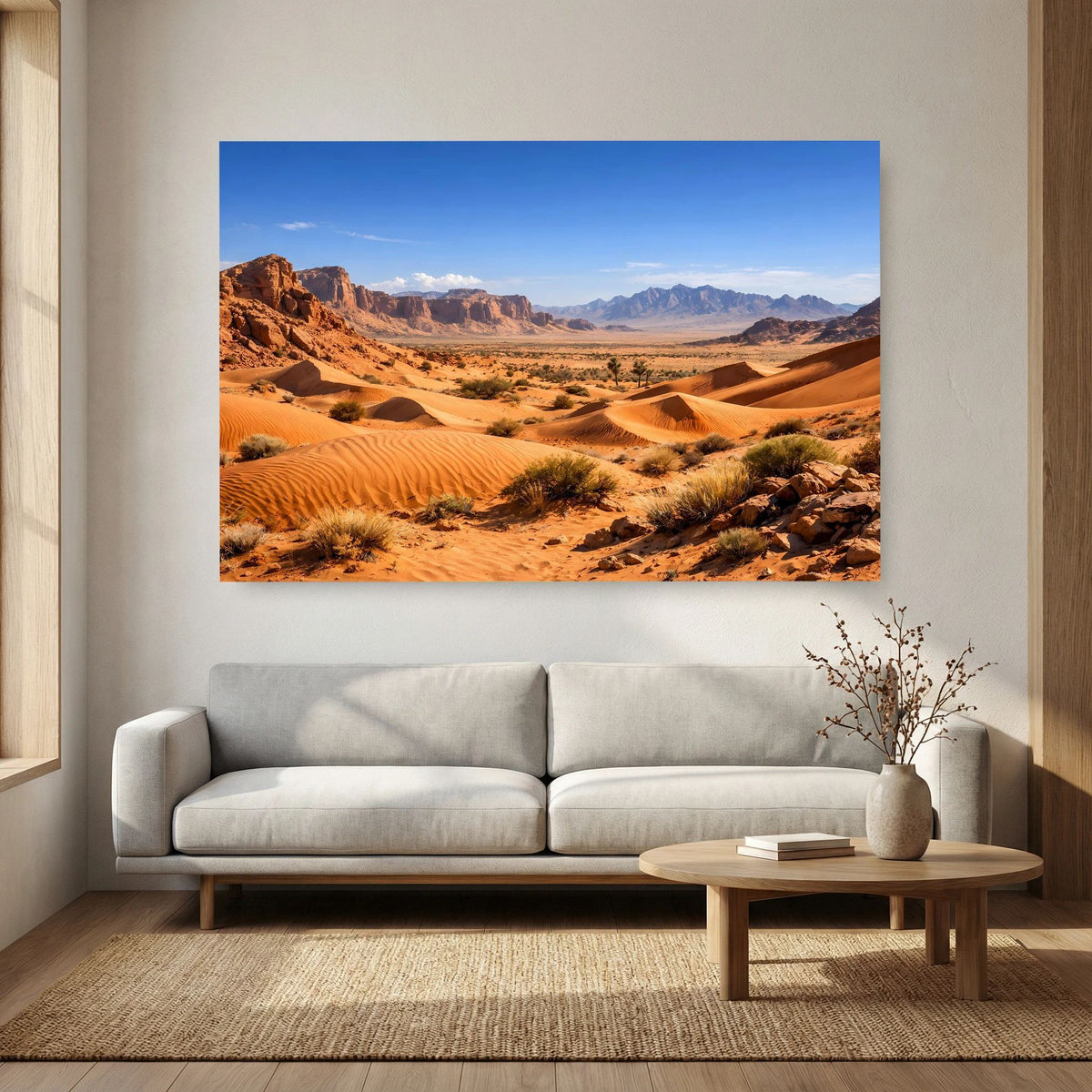 Posterdruck mit Sanddünen in der Wüste, im Holzrahmen im Querformat